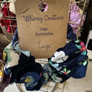 Hand Crafted Floral Hair Scrunchie - Navy and White Large